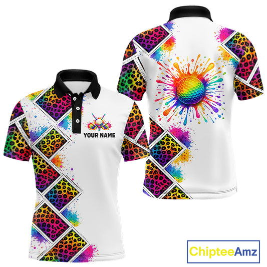 Rainbow Mens Golf Polo Shirt Leopard Print Pattern Custom Team Golf Tops For Men, Golf Gifts NHN0228