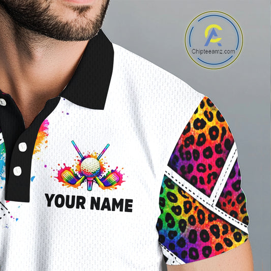 Rainbow Mens Golf Polo Shirt Leopard Print Pattern Custom Team Golf Tops For Men, Golf Gifts NHN0228
