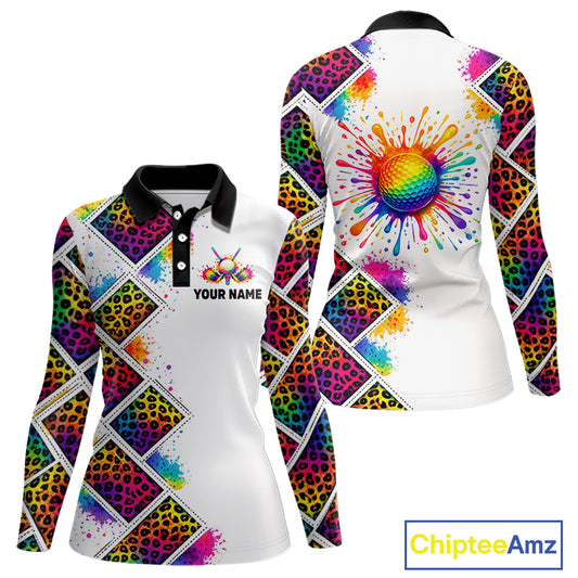 Rainbow Womens Long Sleeve Golf Polo Shirt Leopard Print Pattern Custom Team Ladies Golf Top, Golf Gift NHN0228