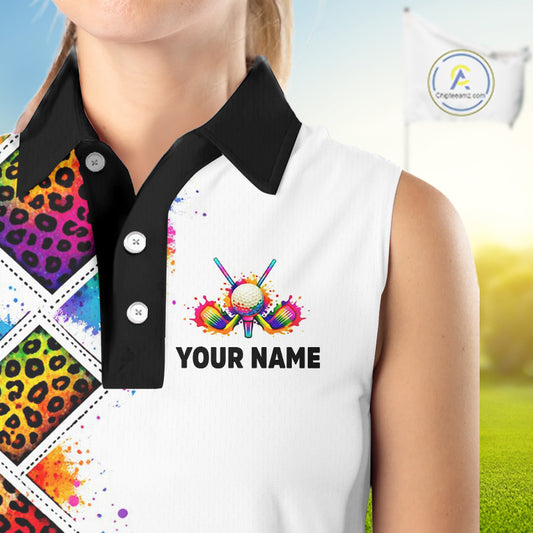 Rainbow Womens Sleeveless Golf Polo Shirt Leopard Print Pattern Custom Team Ladies Golf Top, Golf Gift NHN0228