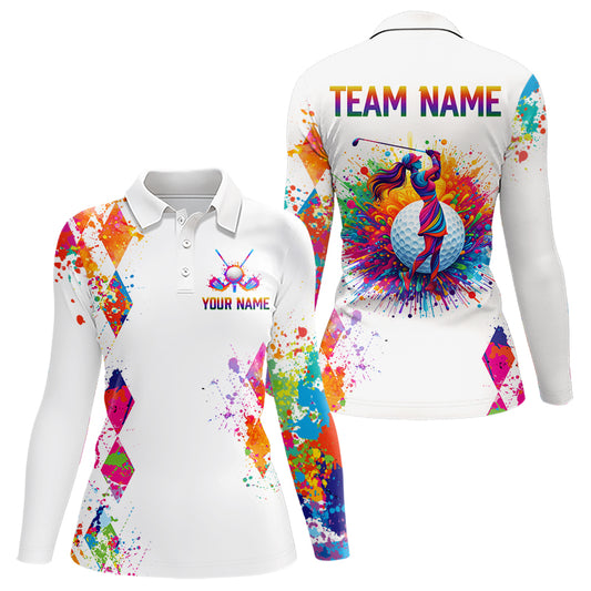 Watercolor Argyle Pattern Long Sleeve Golf Polo Shirt Custom White Golf Clubs Golf Shirts For Women NHN0006