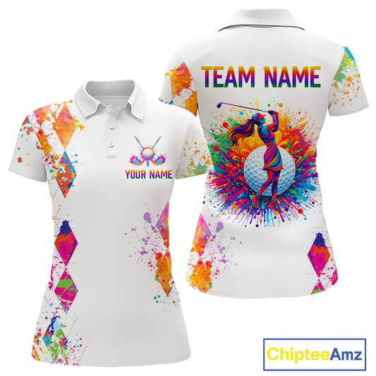 Watercolor Argyle Pattern Womens Golf Polo Shirt Custom White Golf Clubs Golf Shirts For Ladies NHN0006
