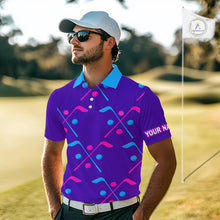 Load image into Gallery viewer, Mens Golf Polo Shirts Blue Purple Pink Custom Golf Balls And Golf Clubs Pattern, Team Golf Shirt NHN0105