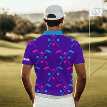 Load image into Gallery viewer, Mens Golf Polo Shirts Blue Purple Pink Custom Golf Balls And Golf Clubs Pattern, Team Golf Shirt NHN0105
