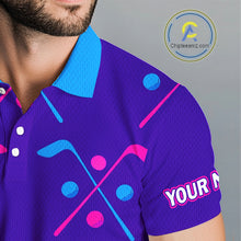 Load image into Gallery viewer, Mens Golf Polo Shirts Blue Purple Pink Custom Golf Balls And Golf Clubs Pattern, Team Golf Shirt NHN0105