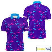 Load image into Gallery viewer, Mens Golf Polo Shirts Blue Purple Pink Custom Golf Balls And Golf Clubs Pattern, Team Golf Shirt NHN0105