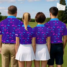 Load image into Gallery viewer, Mens Golf Polo Shirts Blue Purple Pink Custom Golf Balls And Golf Clubs Pattern, Team Golf Shirt NHN0105