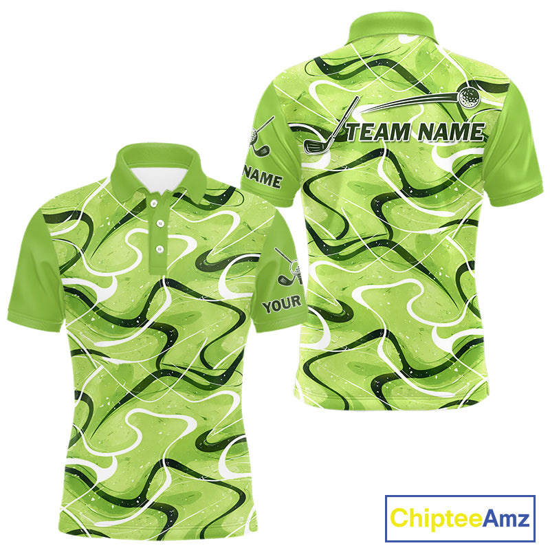 Green And White Mens Golf Polo Shirts Custom Green Camo Golf Tops For Men, Personalized Golf Gifts NHN0111