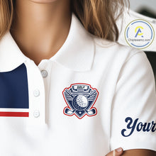 Load image into Gallery viewer, Blue And White Golf Polo Shirt, Custom Name Womens Golf Polo Shirts, Personalized Golf Gifts NHN0117
