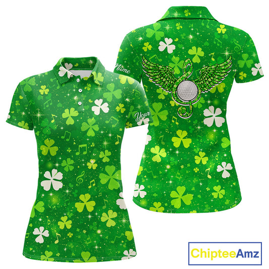 Womens Golf Polo Shirt Custom Green Music Angel Wing Golf Ball St Patricks Day Golf Shirts, Golf Gifts NHN0132