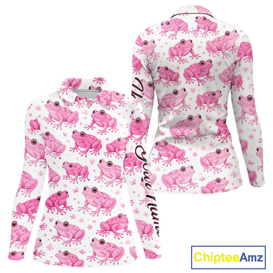 Funny Womens Long Sleeve Golf Polo Shirt Custom Pink Frog Pattern Golf Attire For Ladies Golfer NHN0134