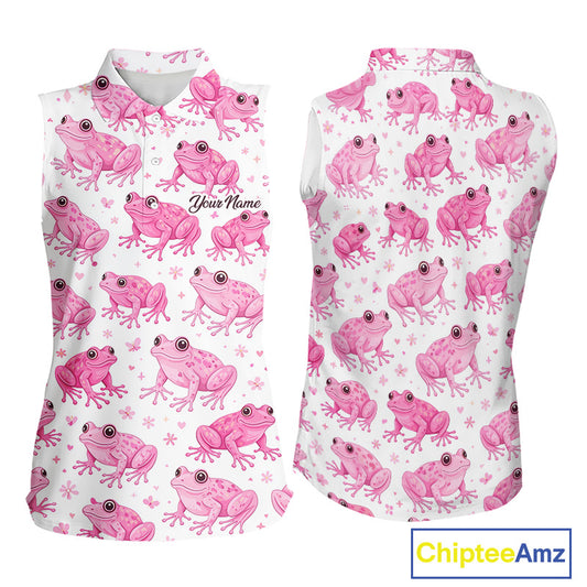 Funny Womens Sleeveless Golf Polo Shirt Custom Pink Frog Pattern Golf Attire For Ladies Golfer NHN0134