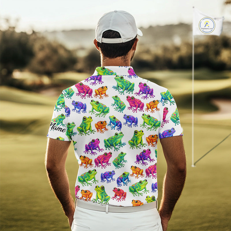 Funny Colorful Frog Pattern Mens Golf Polo Shirts Custom Watercolor Golf Attire For Men, Golf Gifts NHN0134