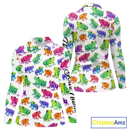 Funny Watercolor Womens Long Sleeve Golf Polo Shirt Custom Colorful Frog Pattern Golf Attire NHN0134