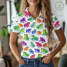 Load image into Gallery viewer, Funny Colorful Frog Pattern Womens Golf Polo Shirts Custom Watercolor Golf Attire For Ladie, Golf Gift NHN0134