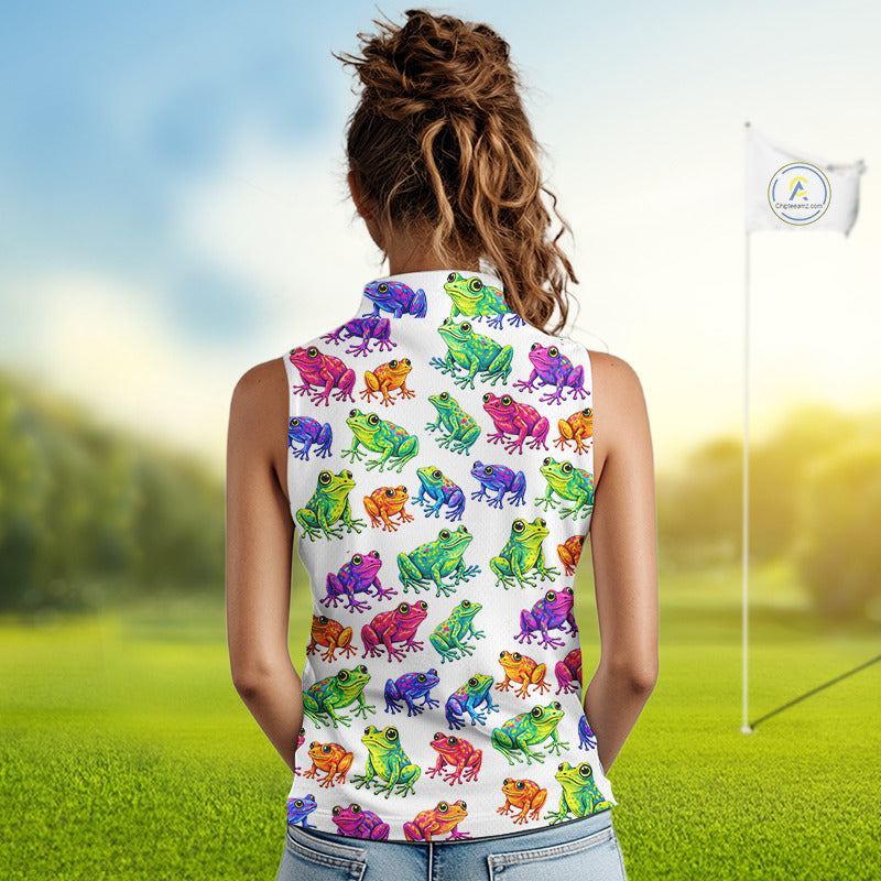 Funny Watercolor Womens Sleeveless Golf Polo Shirt Custom Colorful Frog Pattern Golf Attire NHN0134