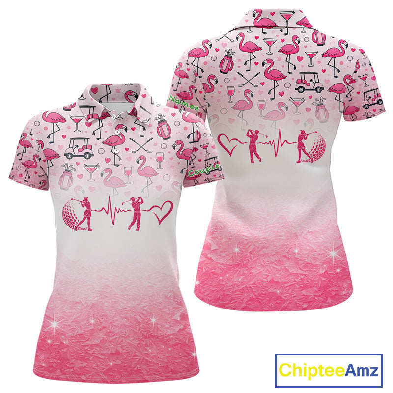 Pink Flamingo Heart Theme Matching Golf Polo Shirt For Couple Custom Couple Valentines Outfit NHN0145