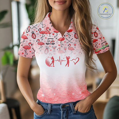 Red Flamingo Heart Theme Matching Golf Polo Shirt For Couple Custom Couple Valentines Outfit NHN0145