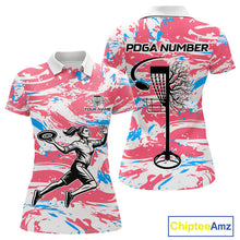 Load image into Gallery viewer, Camo Womens Disc Golf Polo Shirt Custom Name Pink Disc Golf Basket Apparel Team Disc Golf Outfit NHN0027
