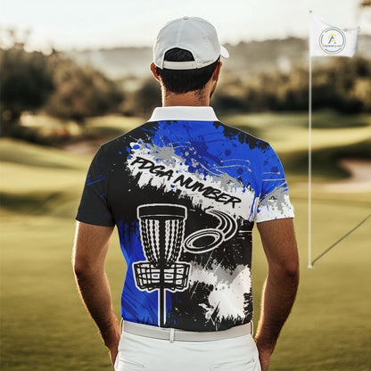 Mens Disc Golf Polo Shirt Custom Name Number Blue Disc Golf Basket Personalized Disc Golf Shirts NHN0028