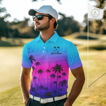 Load image into Gallery viewer, Pink Blue Neon Palm Pattern Mens Golf Polo Shirt Custom Golf Ball Blue Golf Tops, Golfer Gifts NHN0157