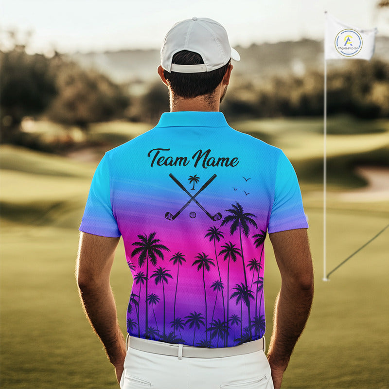 Pink Blue Neon Palm Pattern Mens Golf Polo Shirt Custom Golf Ball Blue Golf Tops, Golfer Gifts NHN0157
