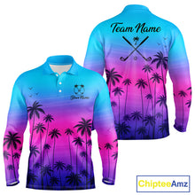 Load image into Gallery viewer, Pink Blue Neon Long Sleeve Golf Polo Shirt Custom Funny Blue Palm Golf Tops, Golfer Gifts NHN0157
