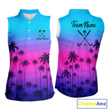 Load image into Gallery viewer, Pink Blue Neon Womens Sleeveless Golf Polo Shirt Custom Funny Blue Palm Golf Tops, Golfer Gifts NHN0157