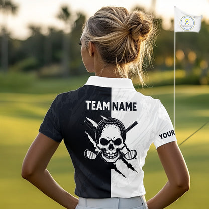Funny Skull Golf Polo Shirts For Women Black And White Golf Camo Pattern Custom Skull Playing Golf Apparel NHN0047