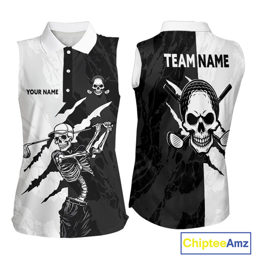 Funny Skull Golf Sleeveless Polo Shirt Custom Black And White Camo Pattern Golf Attire For Women NHN0047
