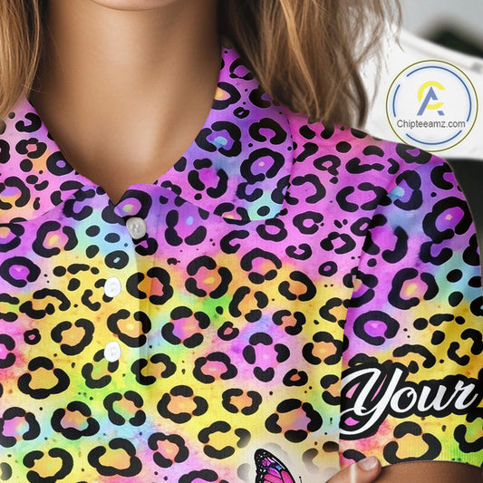 Womens Golf Polo Shirt Colorful Rainbow Leopard Print Custom Butterfly Team Ladies Golf Tops NHN0180