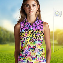 Load image into Gallery viewer, Womens Sleeveless Golf Polo Shirt Colorful Rainbow Leopard Print Custom Butterfly Team Golf Tops NHN0180