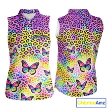 Load image into Gallery viewer, Womens Sleeveless Golf Polo Shirt Colorful Rainbow Leopard Print Custom Butterfly Team Golf Tops NHN0180