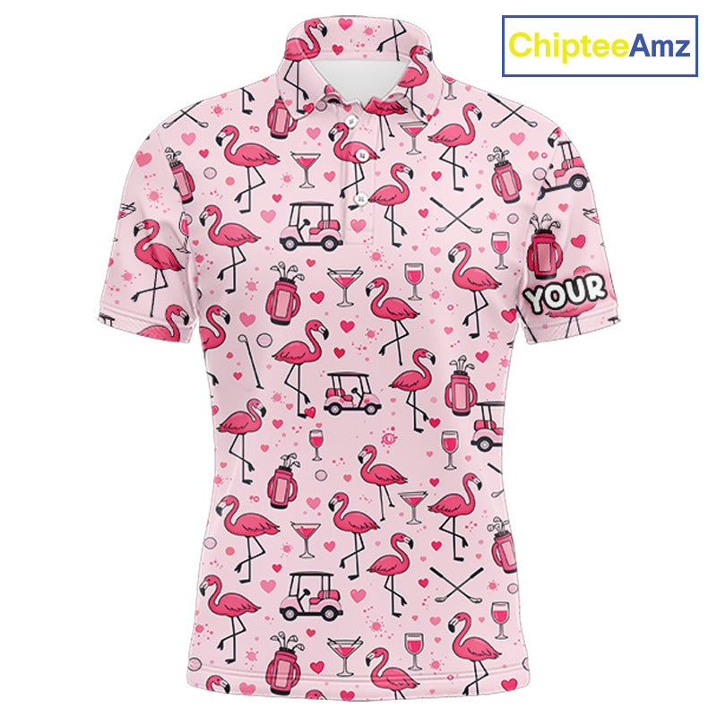 Funny Pink Flamingo Pattern Mens Golf Polo Shirt Custom Name Hawaiian Flamingo Golf Shirts NHN0191