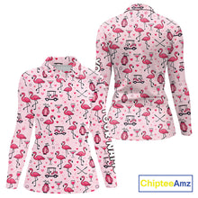 Load image into Gallery viewer, Funny Pink Flamingo Pattern Womens Long Sleeve Golf Polo Shirt Custom Hawaiian Flamingo Golf Shirts NHN0191