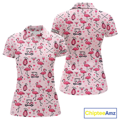 Funny Pink Flamingo Pattern Womens Golf Polo Shirt Custom Name Hawaiian Flamingo Golf Shirts NHN0191