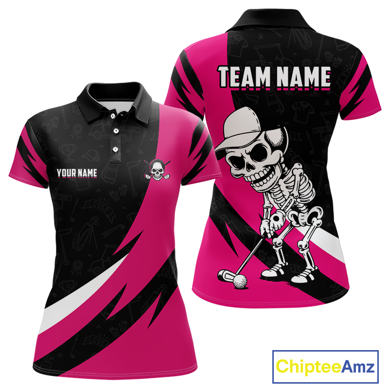 Funny Skull Golf Polo Shirt For Women Custom Black & Pink Golf Ball Pattern Skull Playing Golf Apparel NHN0060