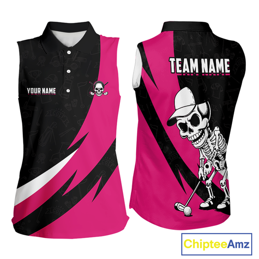 Funny Golf Sleeveless Polo Shirt Custom Pink & Black Golf Ball Skull Golf Attire For Women NHN0060