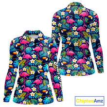 Load image into Gallery viewer, Womens Long Sleeve Golf Polo Shirt Flamingo Floral Pattern, Custom Colorful Tropical Team Golf Shirt NHN0194