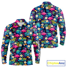 Load image into Gallery viewer, Long Sleeve Golf Polo Shirt Flamingo Floral Pattern, Colorful Tropical Leaves Custom Team Golf Shirt NHN0194