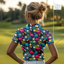 Load image into Gallery viewer, Womens Golf Polo Shirt Flamingo Floral Pattern, Colorful Tropical Leaves Custom Team Golf Shirt NHN0194