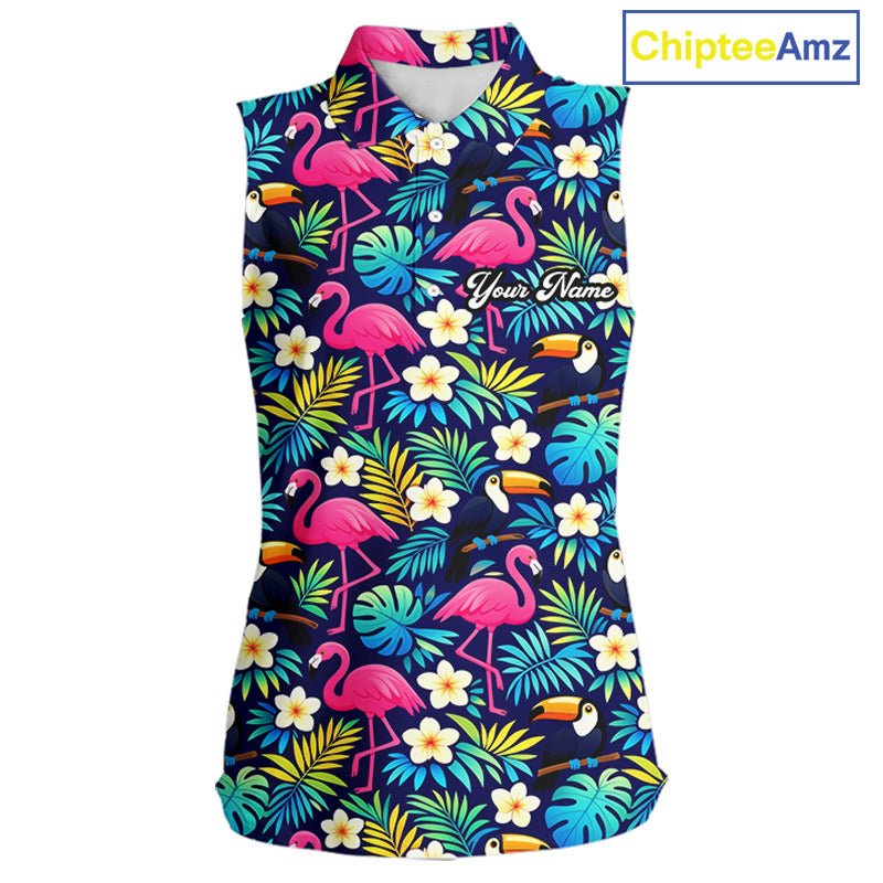 Womens Sleeveless Golf Polo Shirt Flamingo Floral Pattern, Custom Colorful Tropical Team Golf Shirt NHN0194
