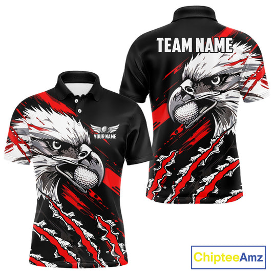 Mens Golf Polo Shirts Custom Red And Black Grunge Pattern Eagle Golf Shirts For Men, Golf Apparel NHN0062