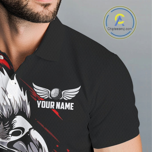 Mens Golf Polo Shirts Custom Red And Black Grunge Pattern Eagle Golf Shirts For Men, Golf Apparel NHN0062