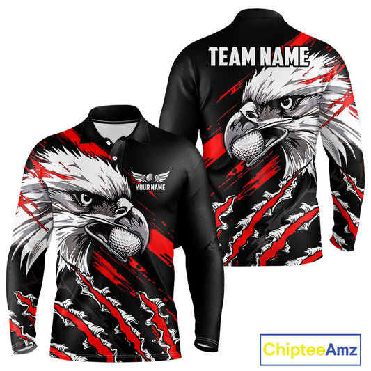 Long Sleeve Golf Polo Shirts Custom Red & Black Grunge Pattern Eagle Golf Shirts For Men, Golf Apparel NHN0062