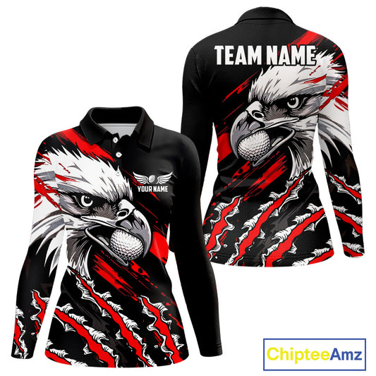 Womens Long Sleeve Golf Polo Shirt Custom Red and Black Grunge Pattern Eagle Golf Shirts For Women NHN0062