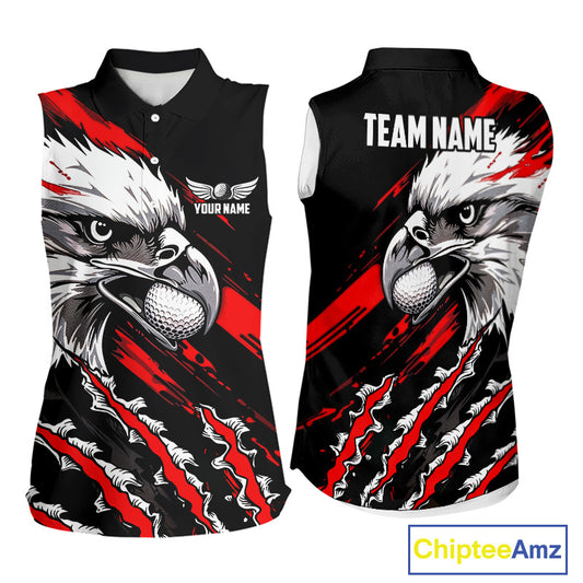 Womens Sleeveless Golf Polo Shirts Custom Red & Black Grunge Pattern Eagle Golf Shirts For Men, Golf Apparel NHN0062