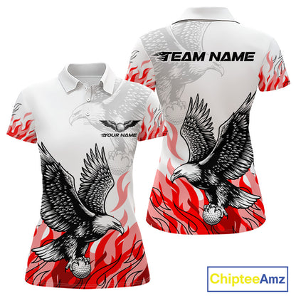 Womens Golf Polo Shirt Custom Eagle Red Flame Team Golf Tops, White Golf Outfit For Women NHN0070