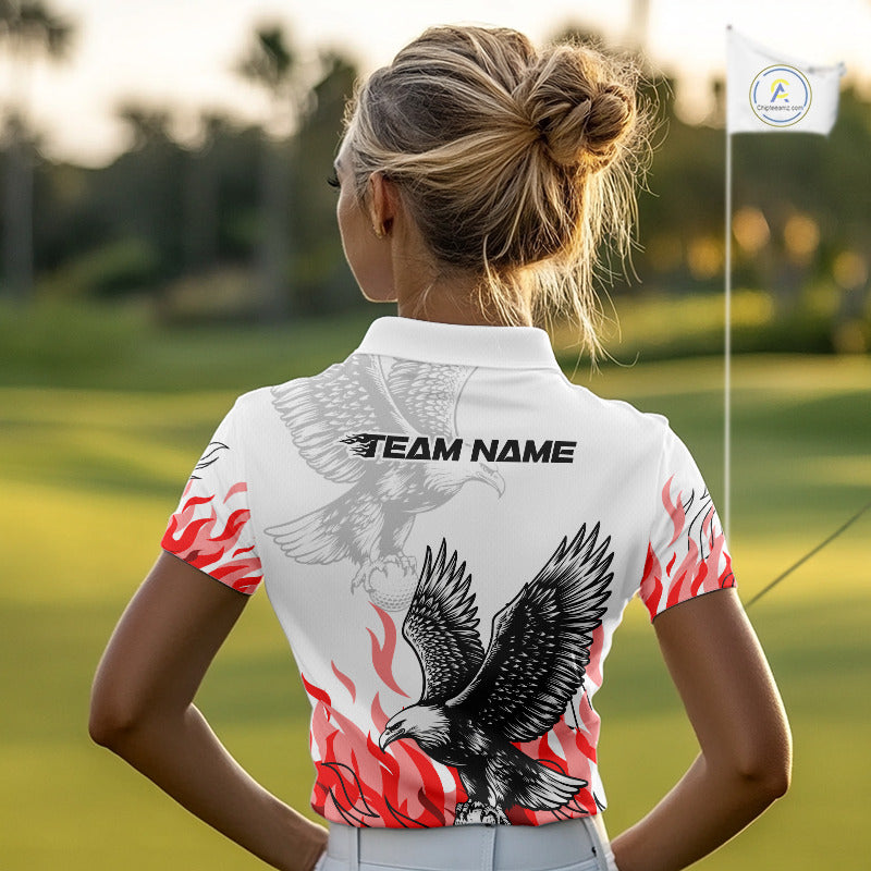 Womens Golf Polo Shirt Custom Eagle Red Flame Team Golf Tops, White Golf Outfit For Women NHN0070