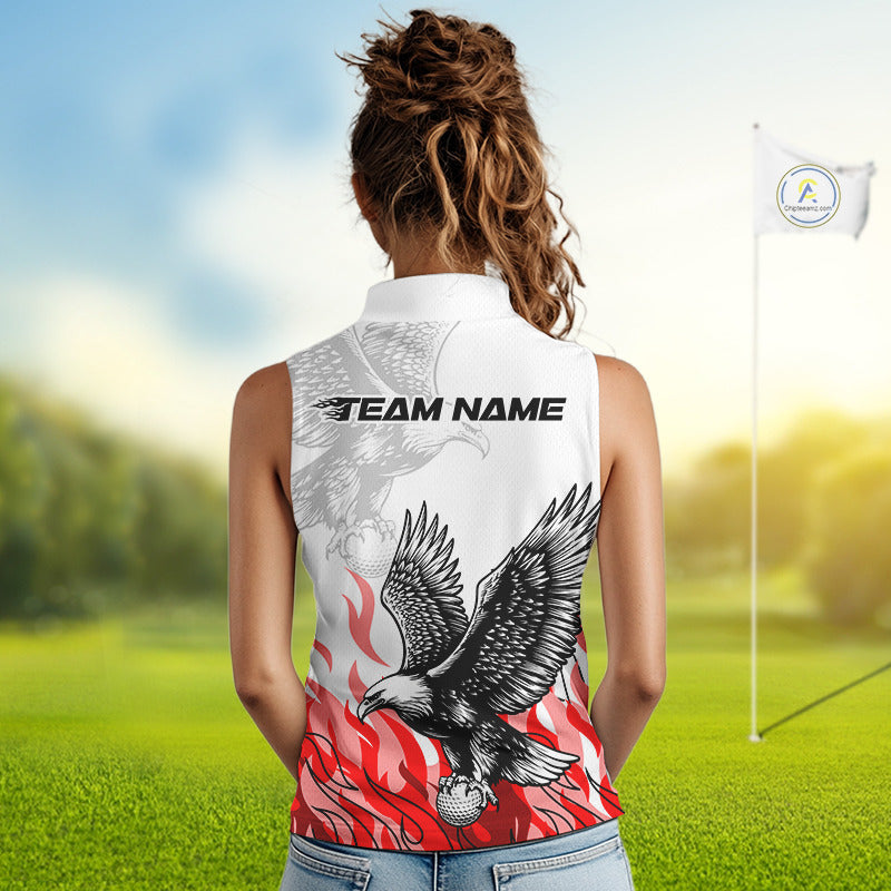 Womens Sleeveless Golf Polo Shirt Custom Eagle Red Flame Team Golf Tops, White Golf Outfit NHN0070